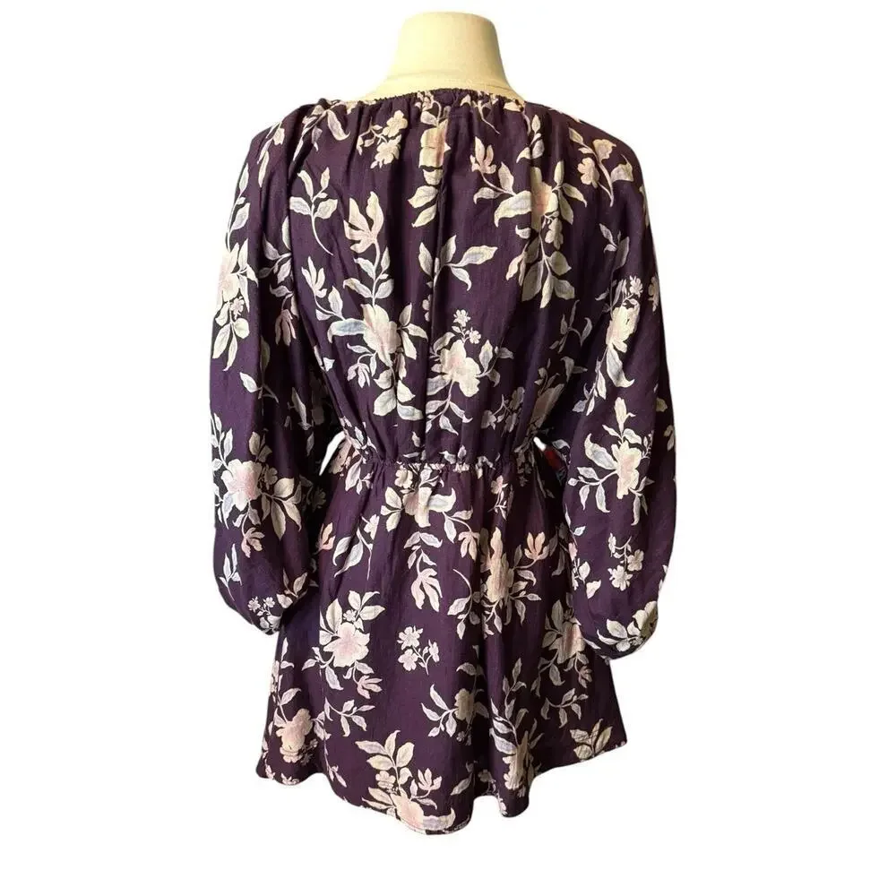 Free People NEW Portia Mini Dress Size Small Mulberry Floral $148 Boho V Neck